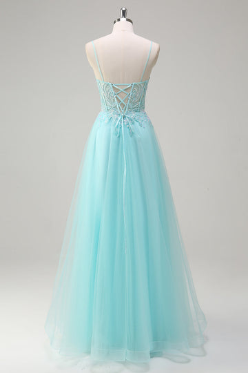 Sky Blue A-Line Spaghetti Straps Beaded Prom Dress with Appliques